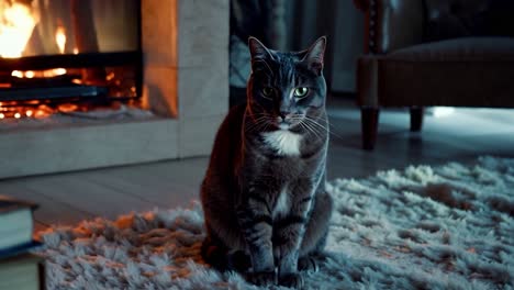 gato gris junto a la chimenea