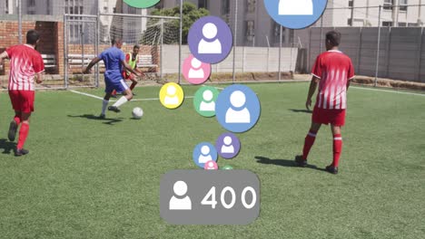 Animation-of-social-media-icons,-text-and-data-processing-over-diverse-football-players