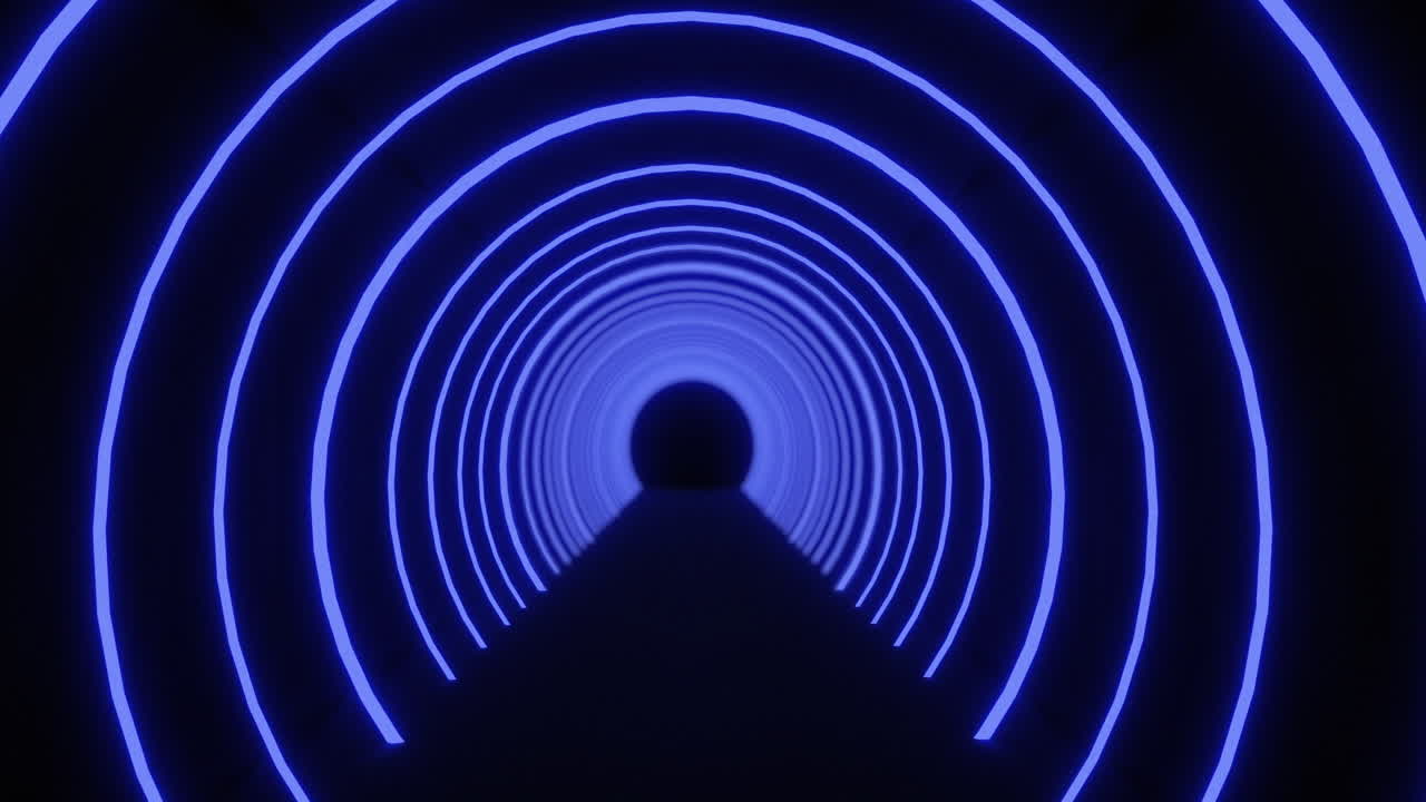 검은색 배경에 진동하는 동심성 파란색 네온 아크의 터널을 통해 이동