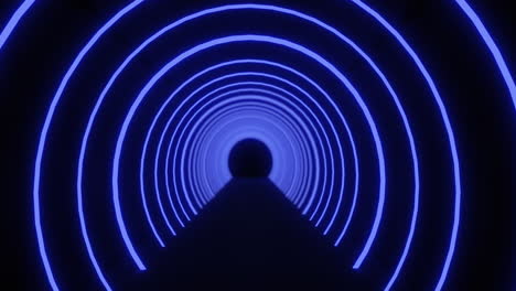 moviéndose a través de un túnel de arcos de neón azules concétricos pulsando sobre un fondo negro