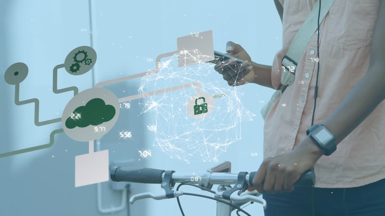 Animation of network of connections and globe over african american women using smartphone