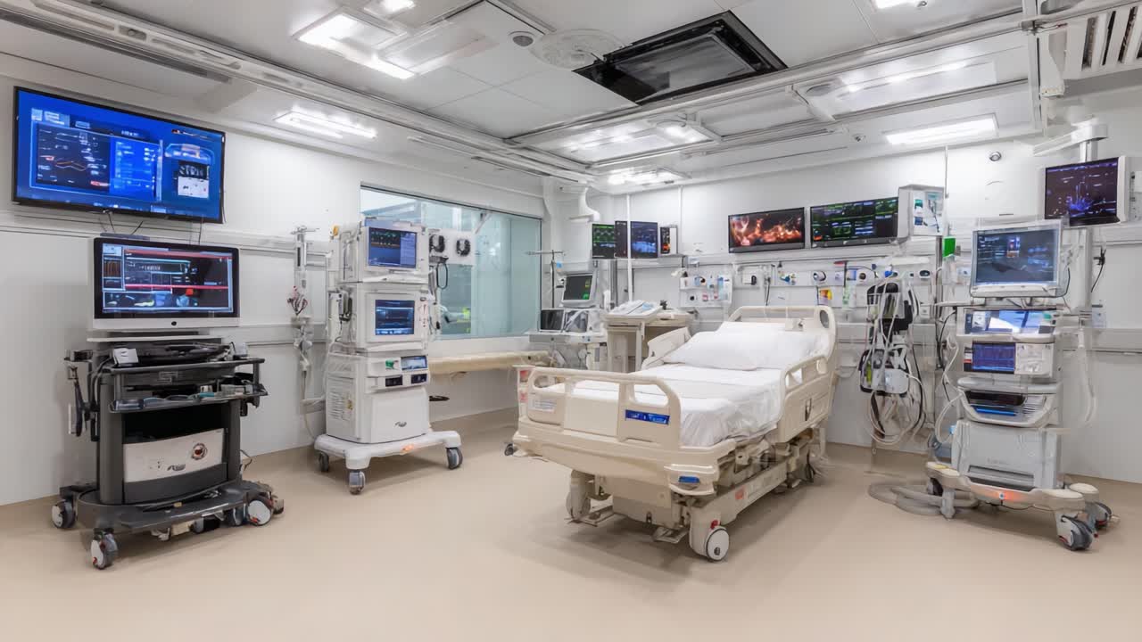 Modern Hospital Room with Advanced Medical Equipment, Monitors, and Patient Bed Designed for Intensive Care and Patient Monitoring in Healthcare Facilities