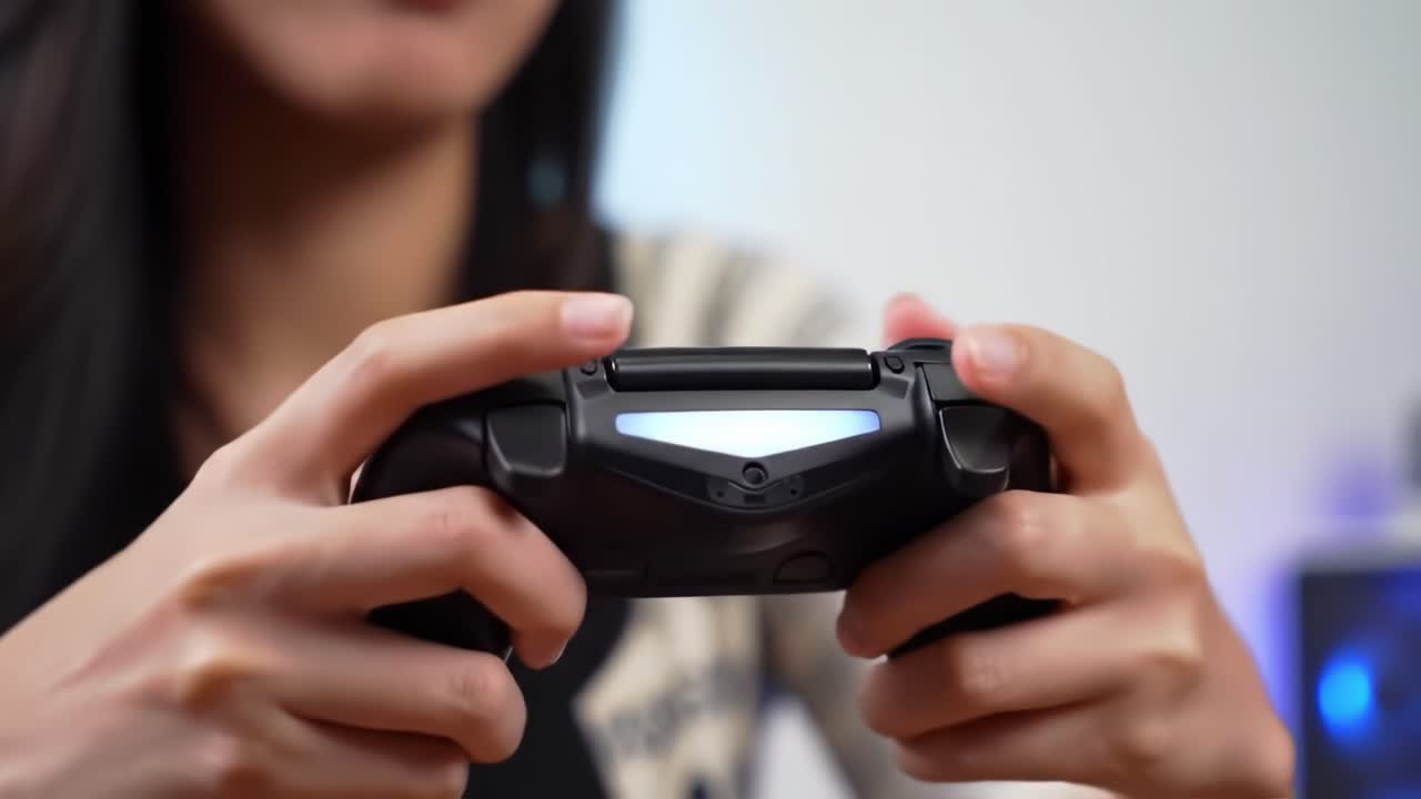 Engaging in Interactive Entertainment: A Close-Up Exploration of Hands Gripping a Game Controller with Illuminated Features Highlighting the Gaming Experience
