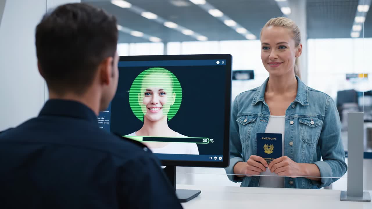 Traveler holding a passport while undergoing biometric verification at an airport security checkpoint, ensuring a secure and efficient identity check