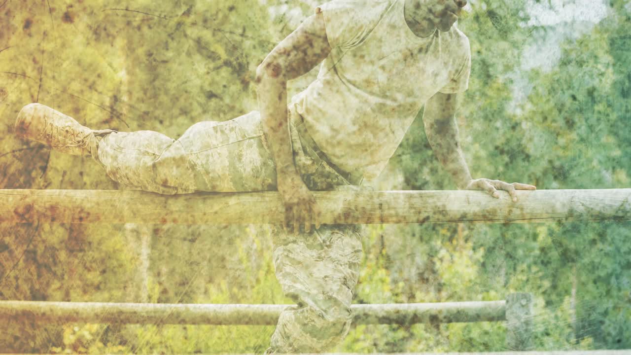 animación de un soldado masculino durante una carrera de obstáculos