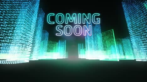 animation of coming soon neon text over 3d cityscape