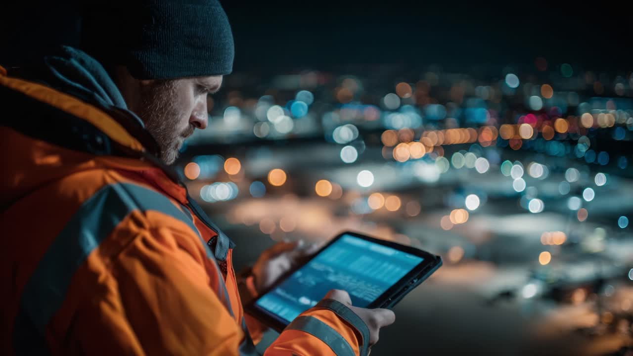 Operazioni notturne: un lavoratore utilizza un tablet per monitorare e analizzare i dati in un ambiente urbano con le splendide luci della città sullo sfondo