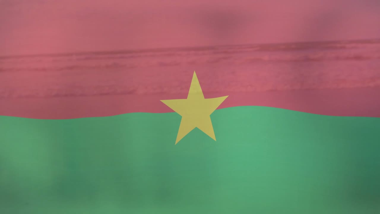 Senior couple embracing shore adjusting while Burkina flag fading, obscuring them for travel