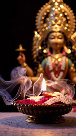 hindu goddess worship with lamp and incense