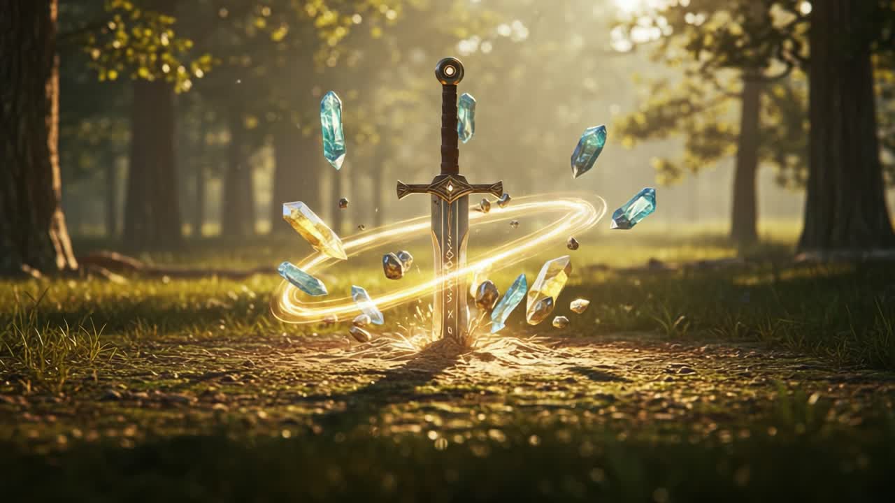 An Enchanted Sword Surrounded by Glowing Crystals and a Magical Aura in a Lush Forest, Capturing the Essence of Adventure and Fantasy