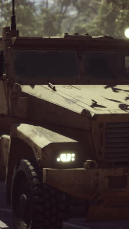 close-up of a military armored vehicle at night