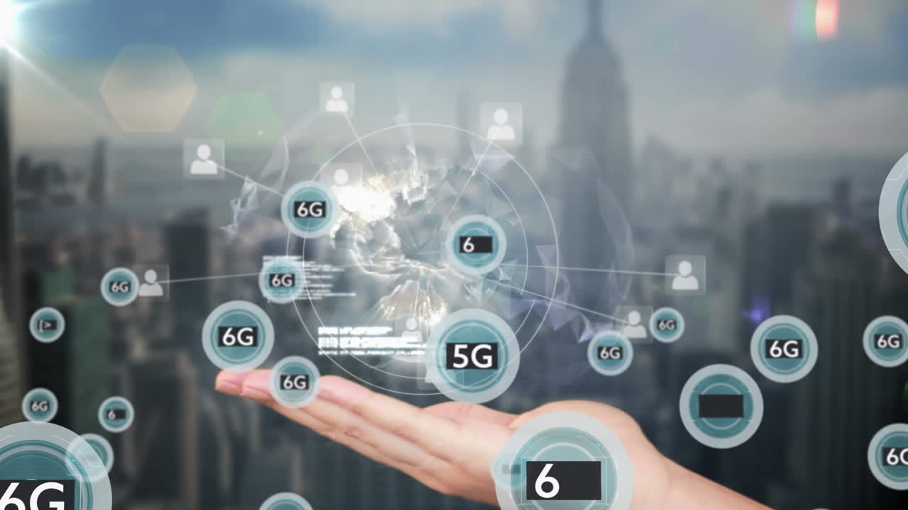 animación de la red de conexiones con texto 6g sobre el paisaje urbano