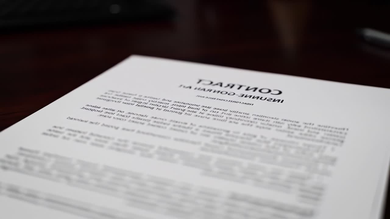 A Close-Up View of a Contract Document on a Wooden Desk, Highlighting Key Details and Text from Both First and Last Frames in a Professional Setting