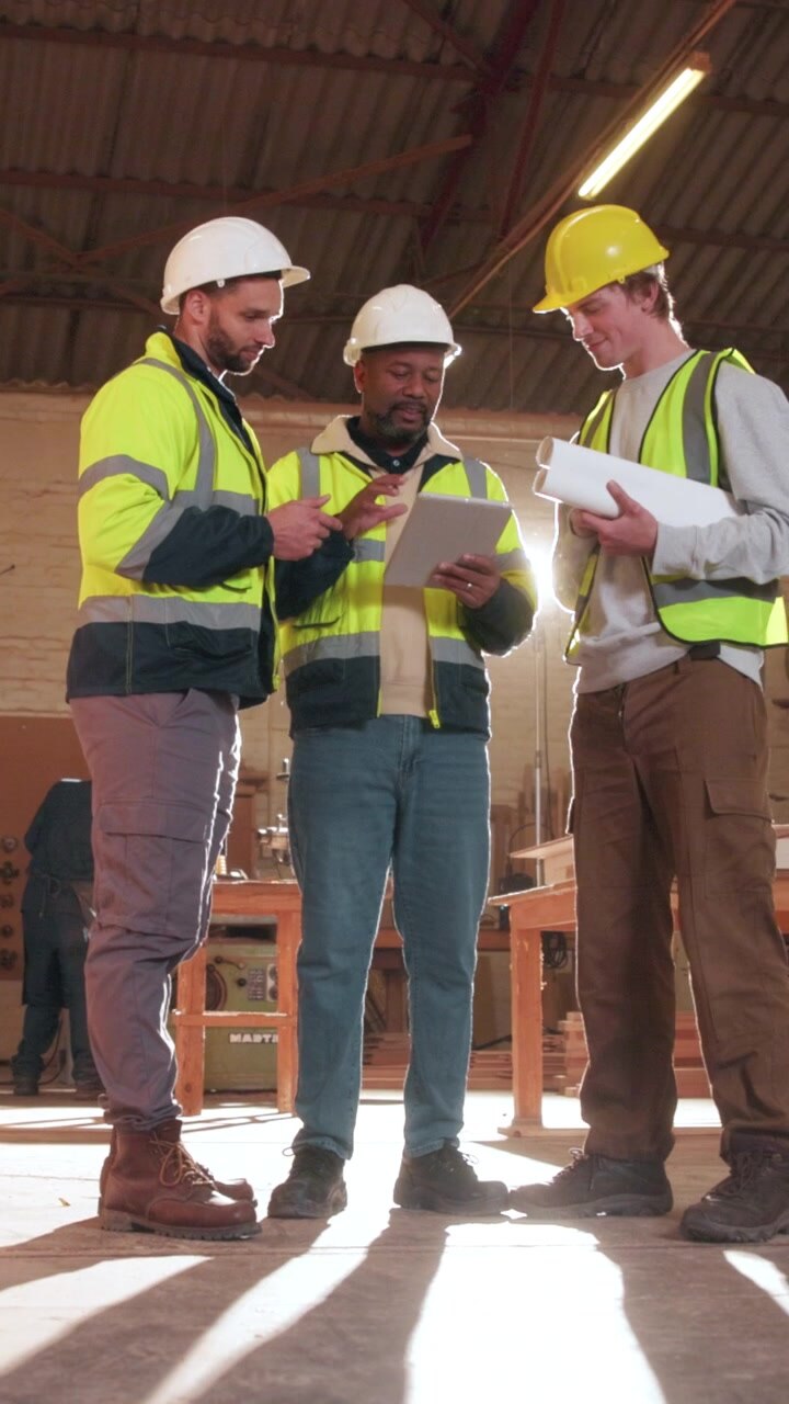 Construction Workers Discussing Project Plans in Workshop