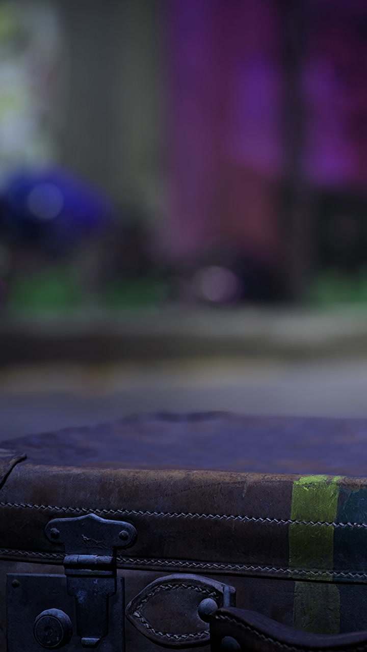 Old suitcase sits on a surface during an event at a vibrant location