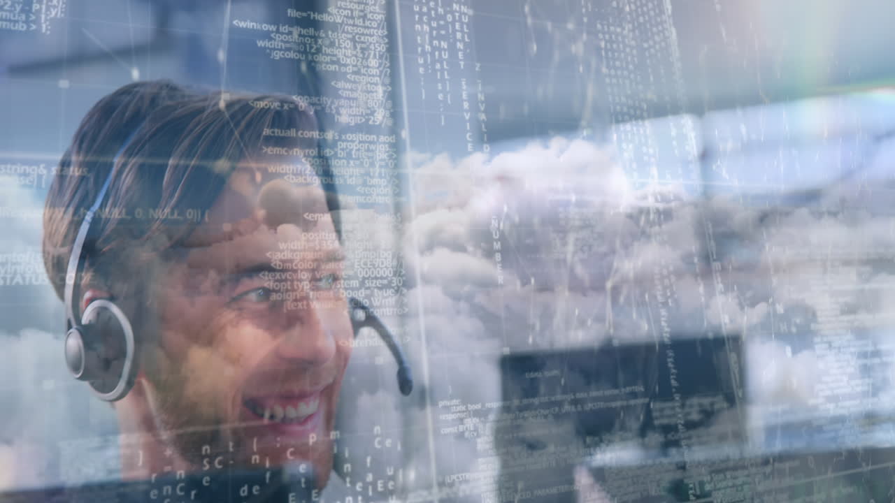 Animation of businessman talking on phone headset over network of connections and data processing