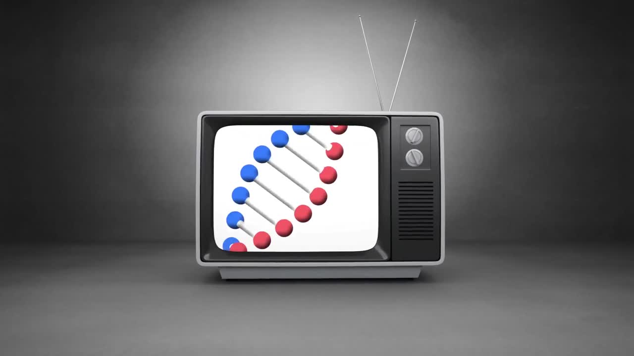 estructura de adn girando en la pantalla de televisión contra un fondo gris