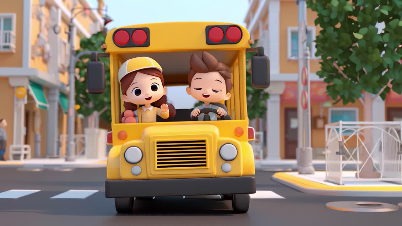 Cheerful animated children riding a bright yellow school bus through a lively neighborhood, showcasing friendship, adventure, and the joy of a fun school day experience