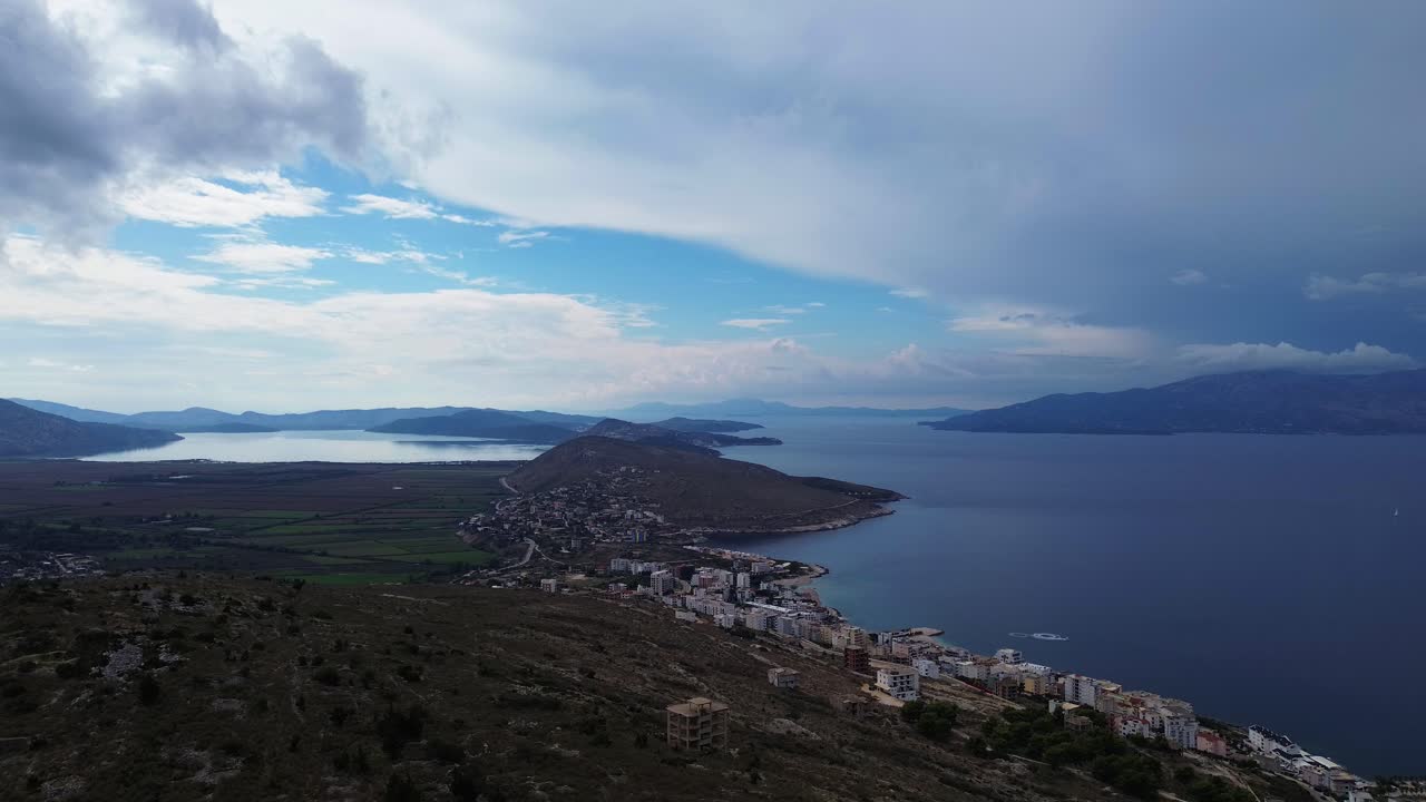 Saranda Ksamil Islands and Corfu Island, aerial drone view Albania landscape