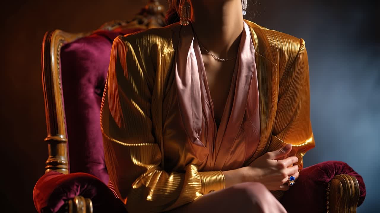 Donna elegante in posa in una giacca dorata su una lussuosa poltrona.