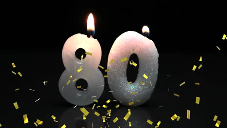 animación de confeti de oro cayendo sobre el número 80 velas de cumpleaños sobre fondo negro