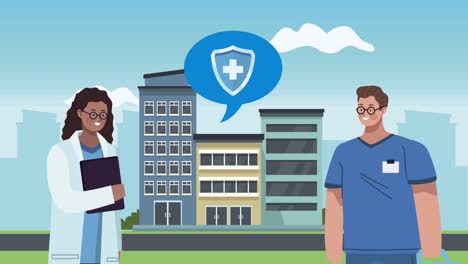 pareja de médicos profesionales en la animación del paisaje urbano