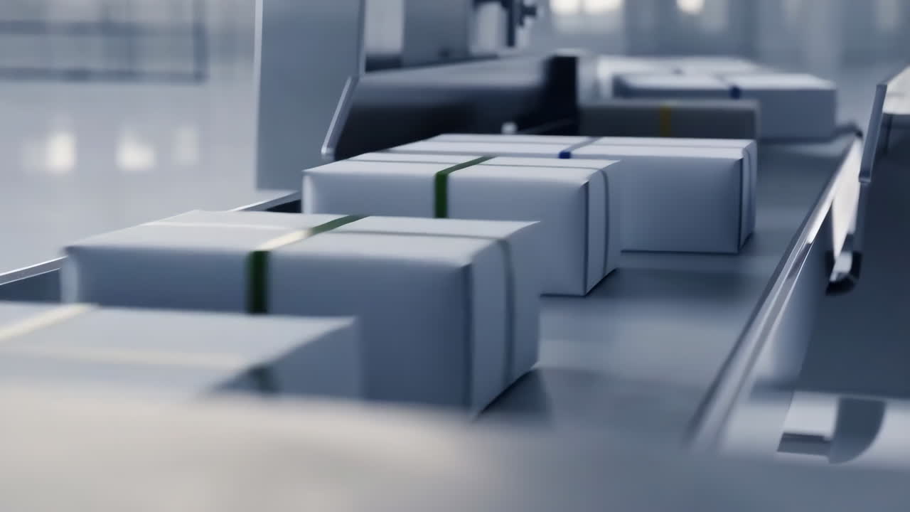 Packages on an automated conveyor belt in an industrial setting