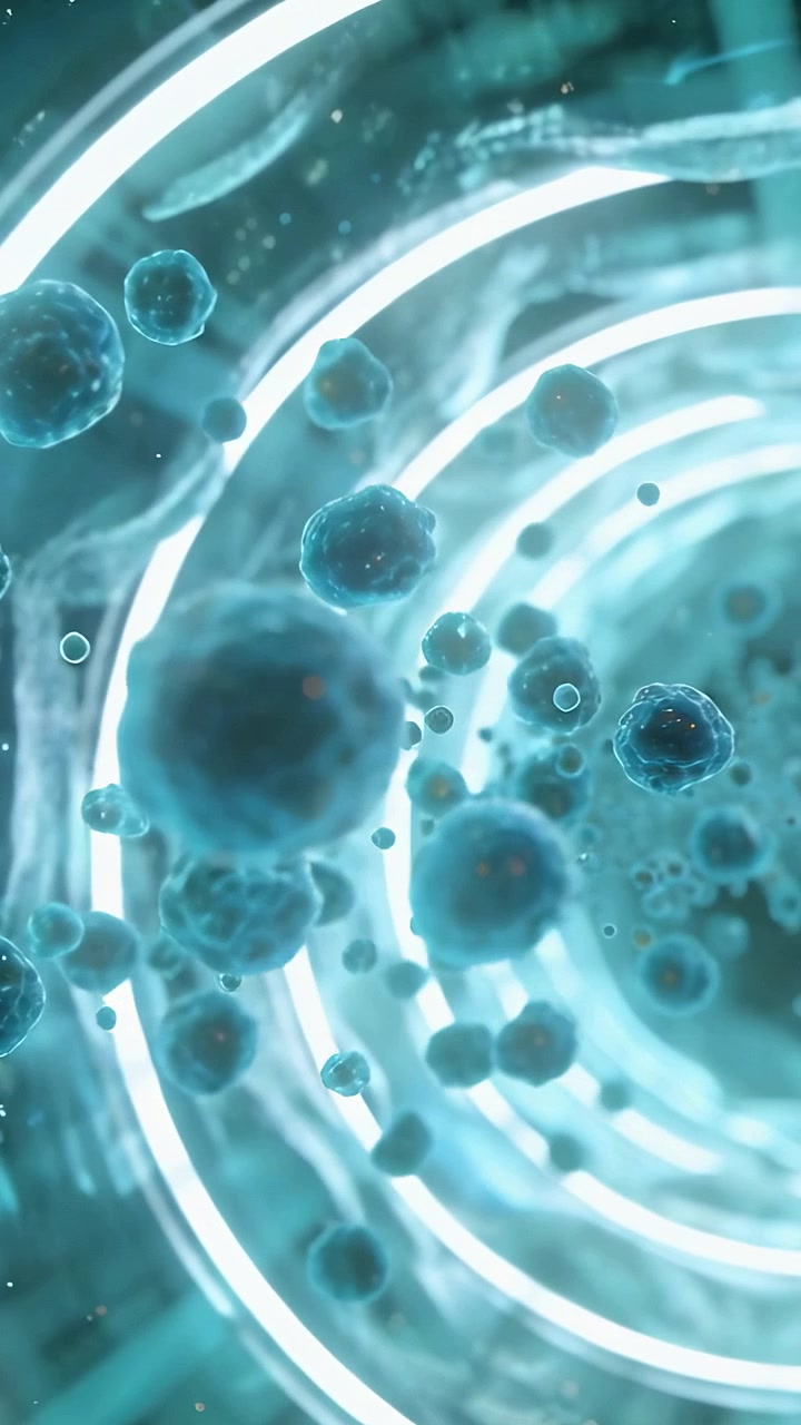 Video verticale: Telecamera in movimento che spinge sfere color verde acqua più vicine lungo un tunnel ad anello, rivelando micro dettagli.
