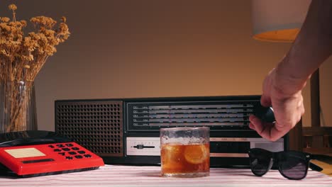 vintage radio, drink, and telephone