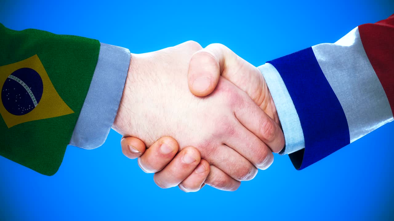 animación conceptual de apretón de manos entre brasil y francia sobre países y política con el canal matte /