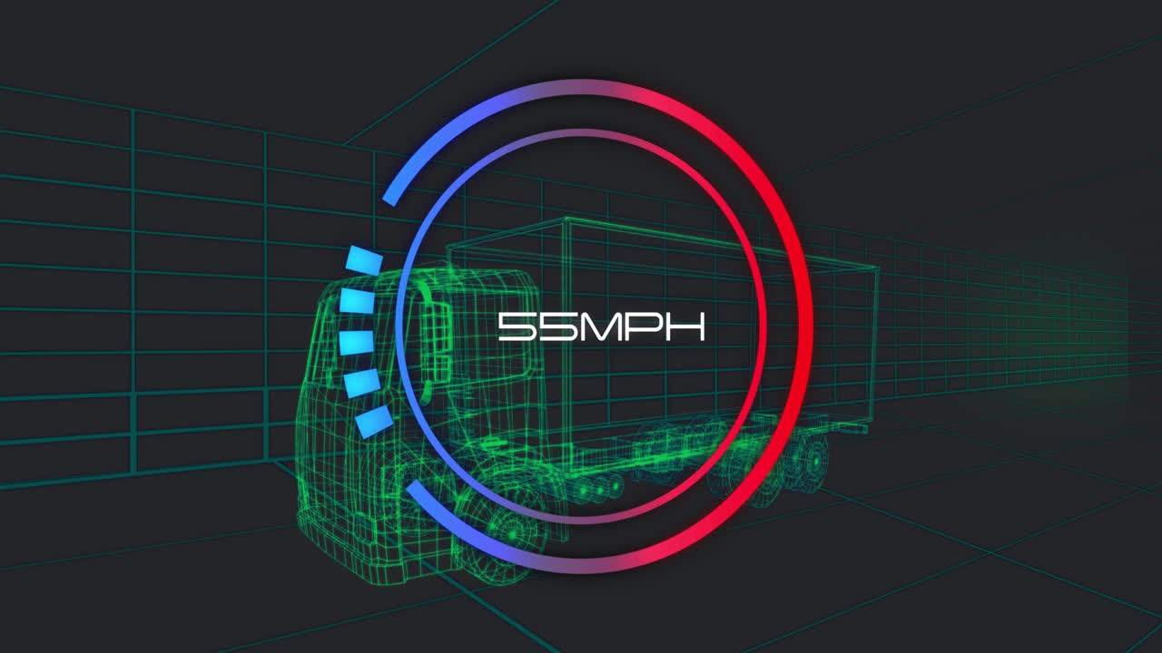 Wireframe semi-truck and trailer showing 55MPH gauge in 3D render with teal grid background