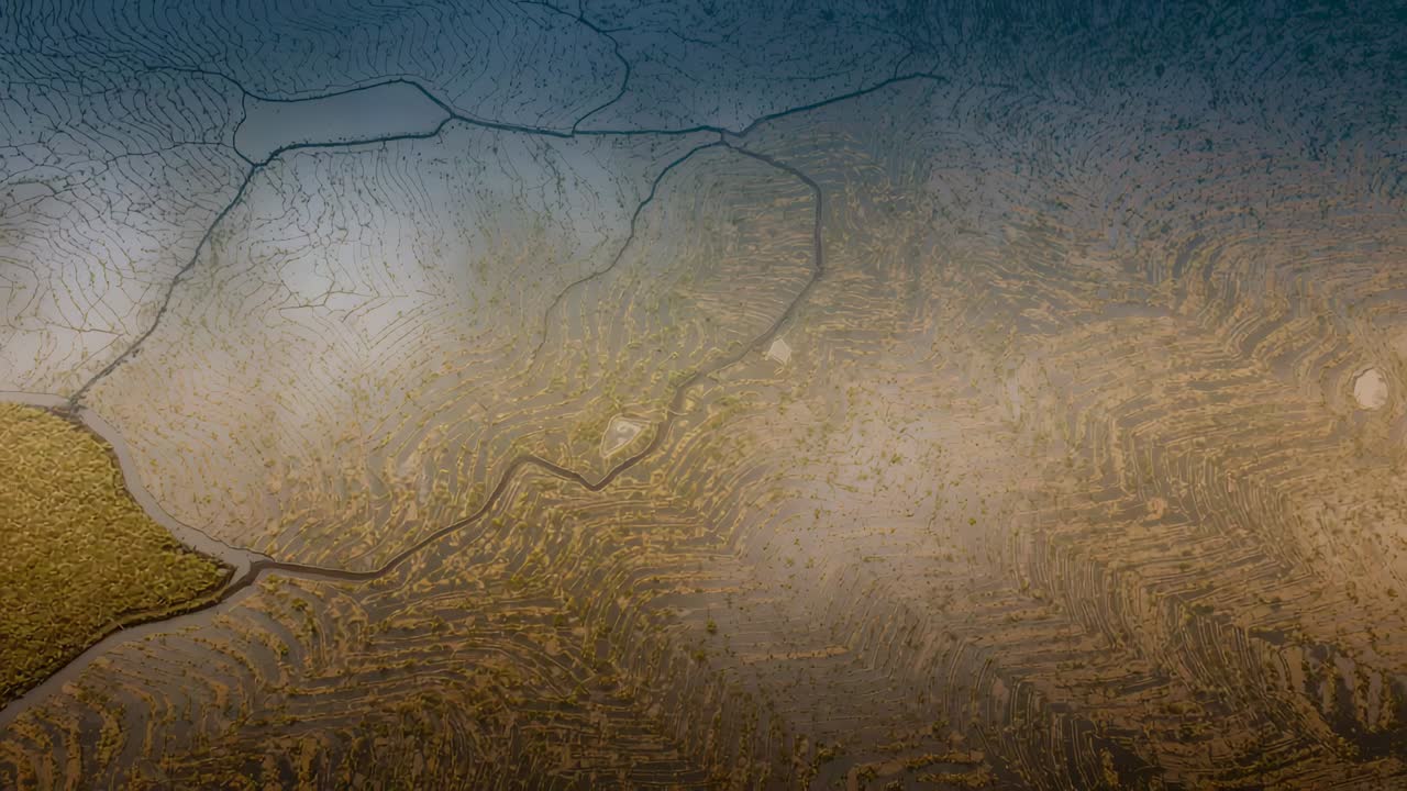 Passing light creating shimmer across cracked terrain in aerial view, showing ponds and green patch