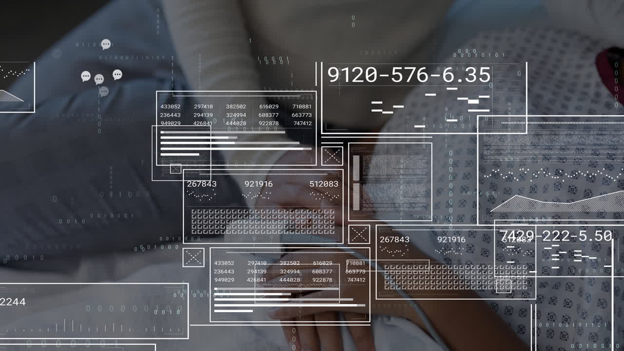 Digital data processing animation over hands holding in comforting gesture