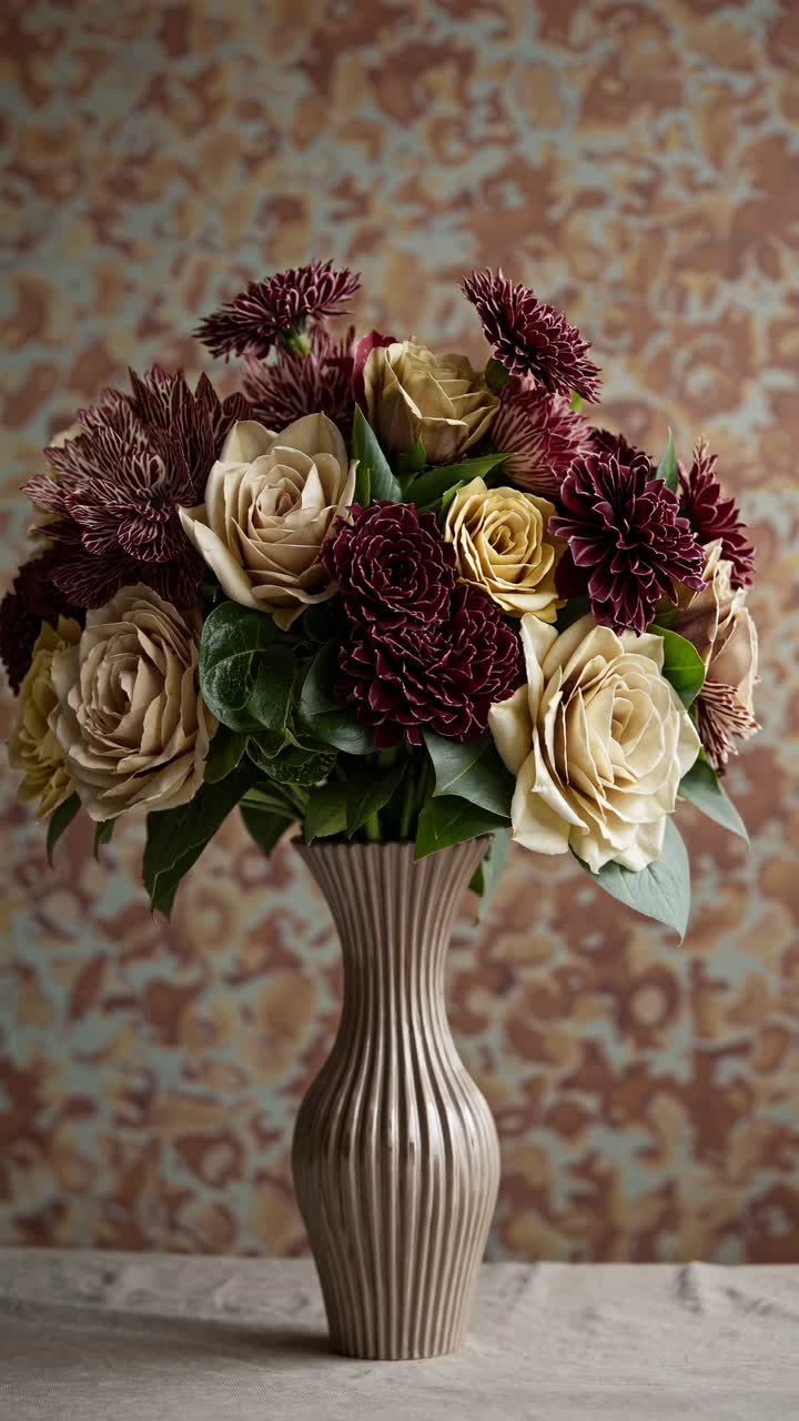 A vintage-style video frame shows a vase of roses and chrysanthemums