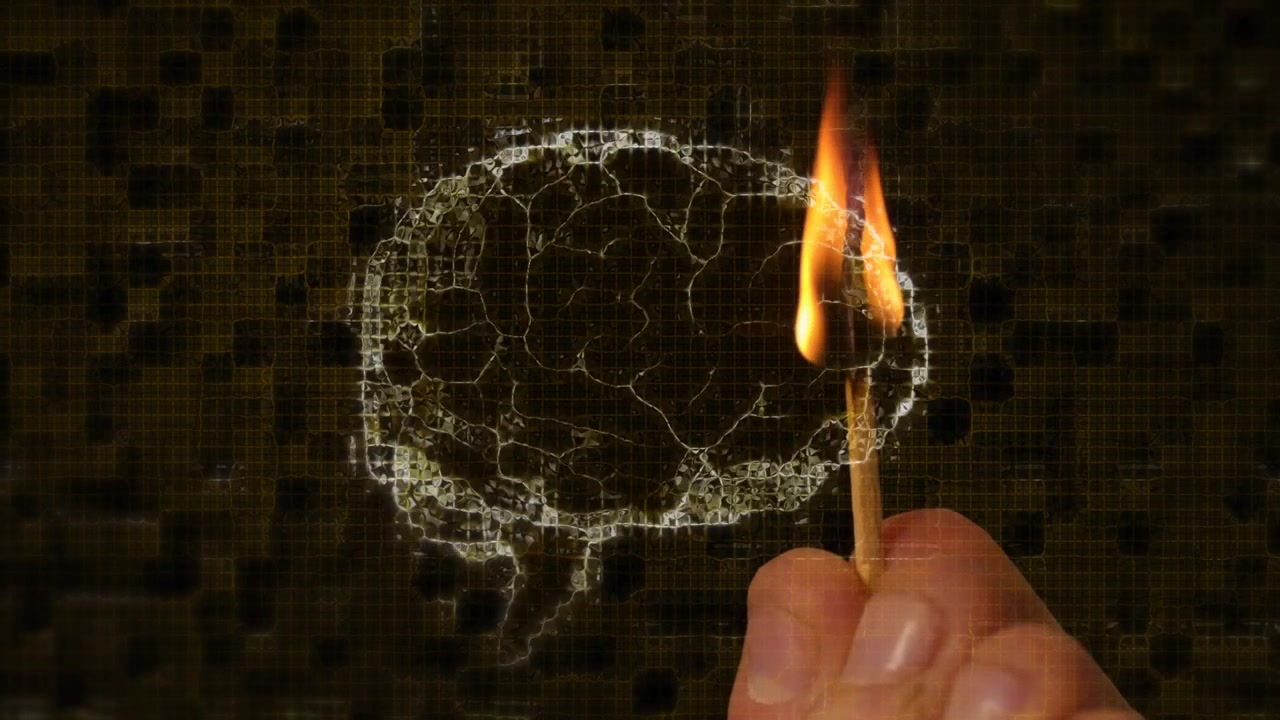 Lit match igniting brain sketch, hand holding match brushing right edge, visualizing neural decay