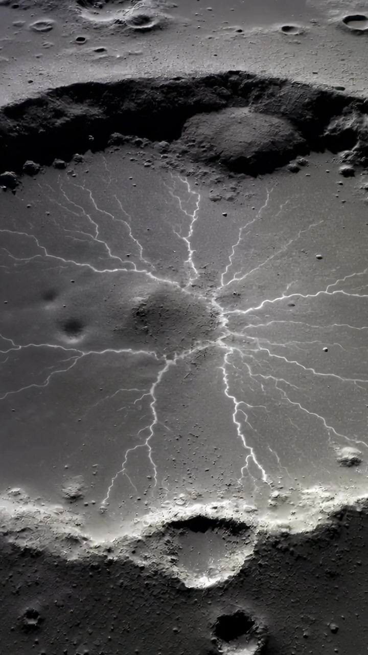 Video verticale: Sole scintillante che rivela striature radiali sul suolo lunare, un tumulo centrale e un bordo rialzato