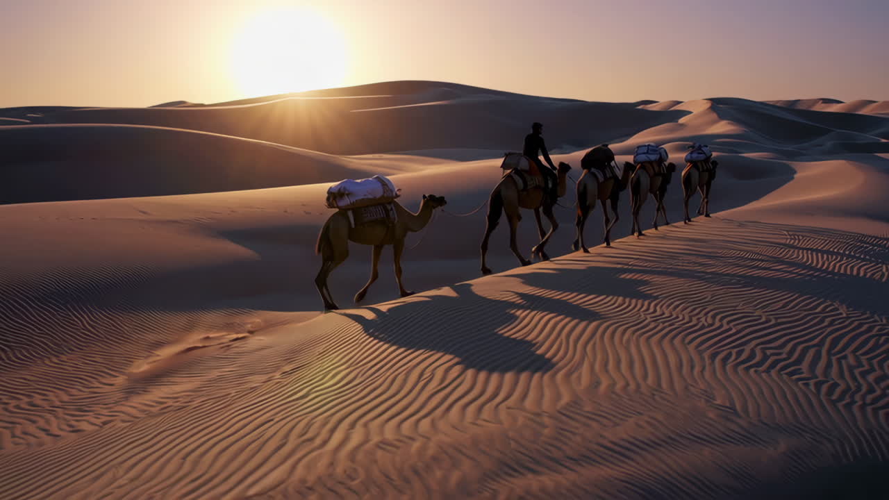 Carovana di cammelli nel deserto all'alba/tramonto