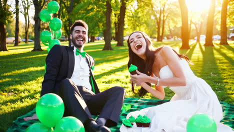 couple joyfully sharing a green cupcake in a park