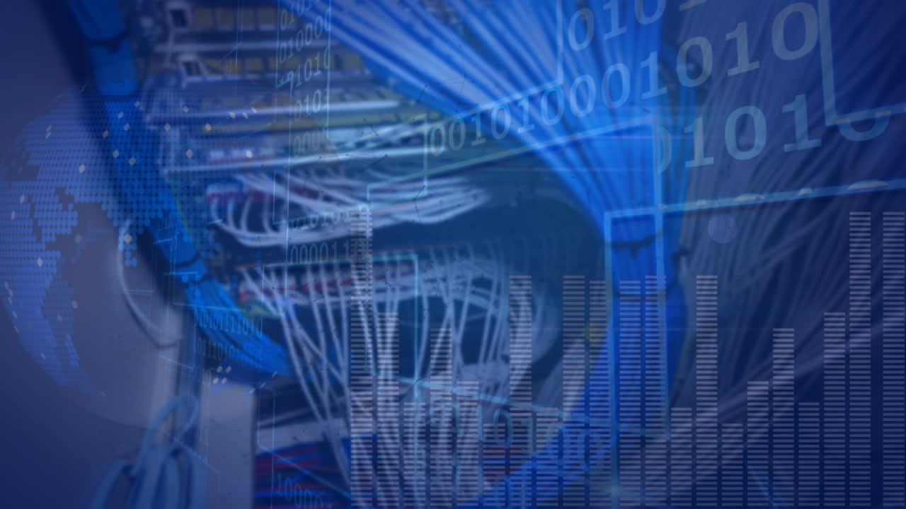 Animation of moving columns, globe and binary coding over server