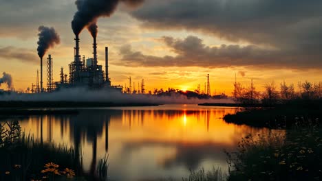 industrial sunset over a river landscape with smoke and reflection