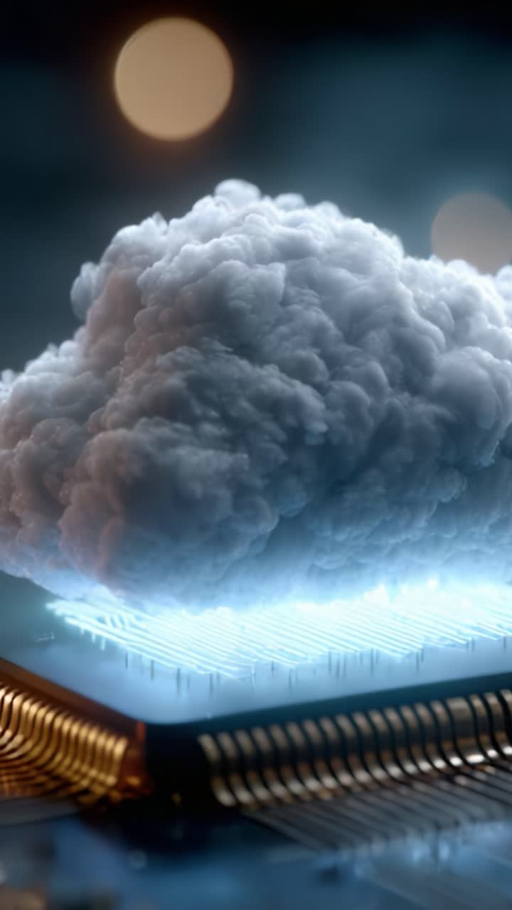 En drømmende sky, der svæver over et glødende printkort, indfanger essensen af teknologi og fantasi i en fantastisk lyskomposition