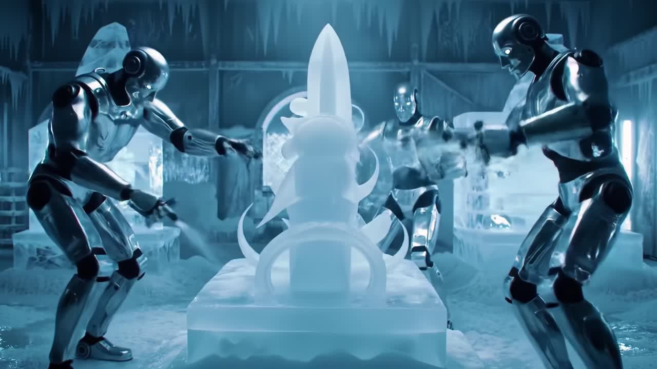 Three advanced robots are skillfully carving an intricate ice sculpture in a frigid workshop. The atmosphere is filled with frost and the sounds of tools at work, showcasing their precise movements.