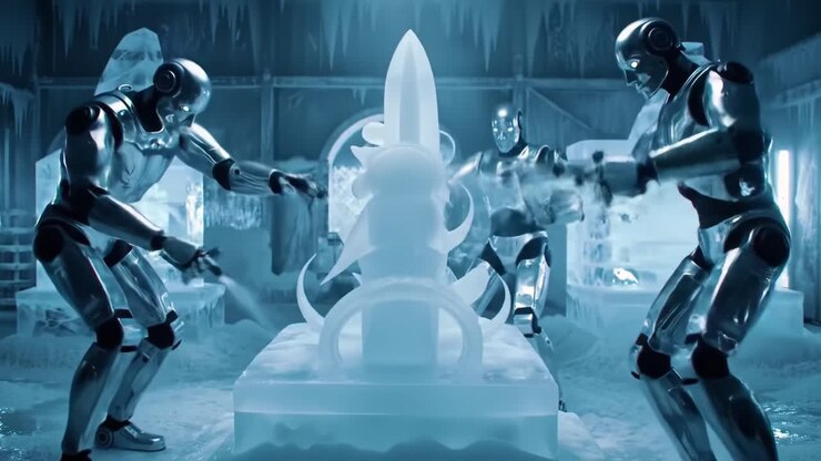 Three advanced robots are skillfully carving an intricate ice sculpture in a frigid workshop. The atmosphere is filled with frost and the sounds of tools at work, showcasing their precise movements.