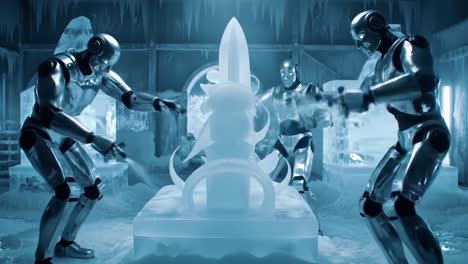 Three advanced robots are skillfully carving an intricate ice sculpture in a frigid workshop. The atmosphere is filled with frost and the sounds of tools at work, showcasing their precise movements.