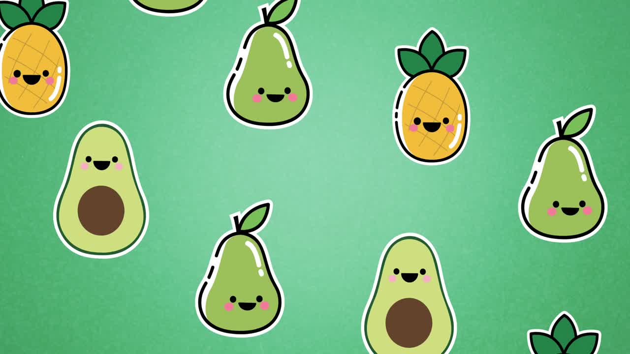 animación de frutas que caen sobre un fondo verde