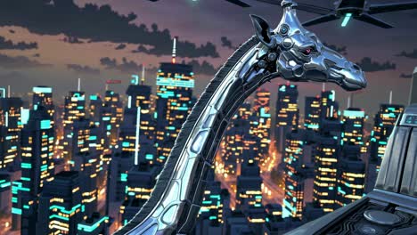 mechanical giraffe in a futuristic cityscape