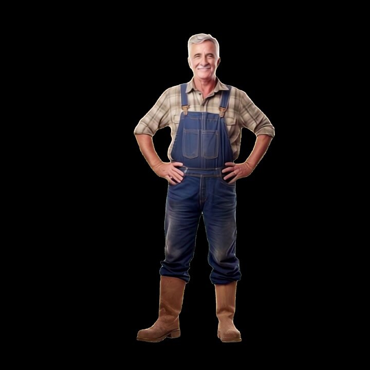 Agricoltore anziano sorridente in piedi con salopette di jeans