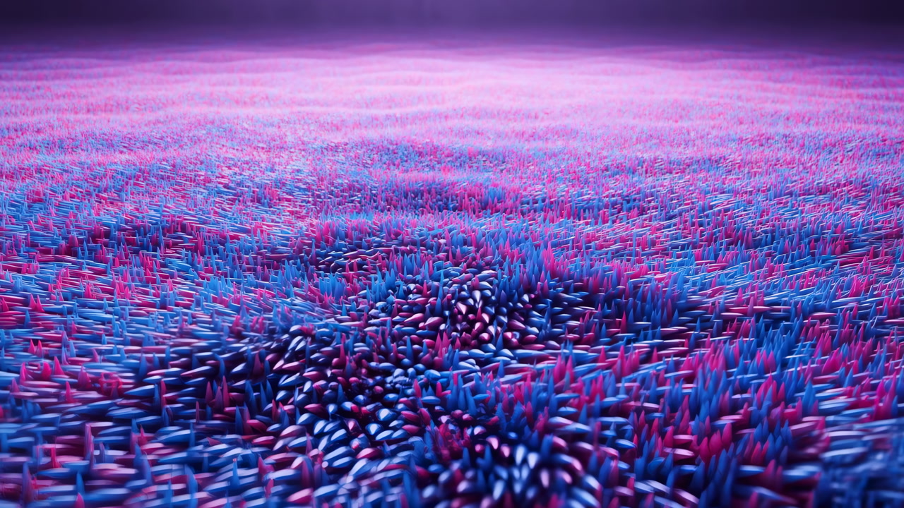 Neon Purple Meadow Of Moving Particles, Immersive Digital Field Of Swirling Blue And Pink Stalks, Cinematic