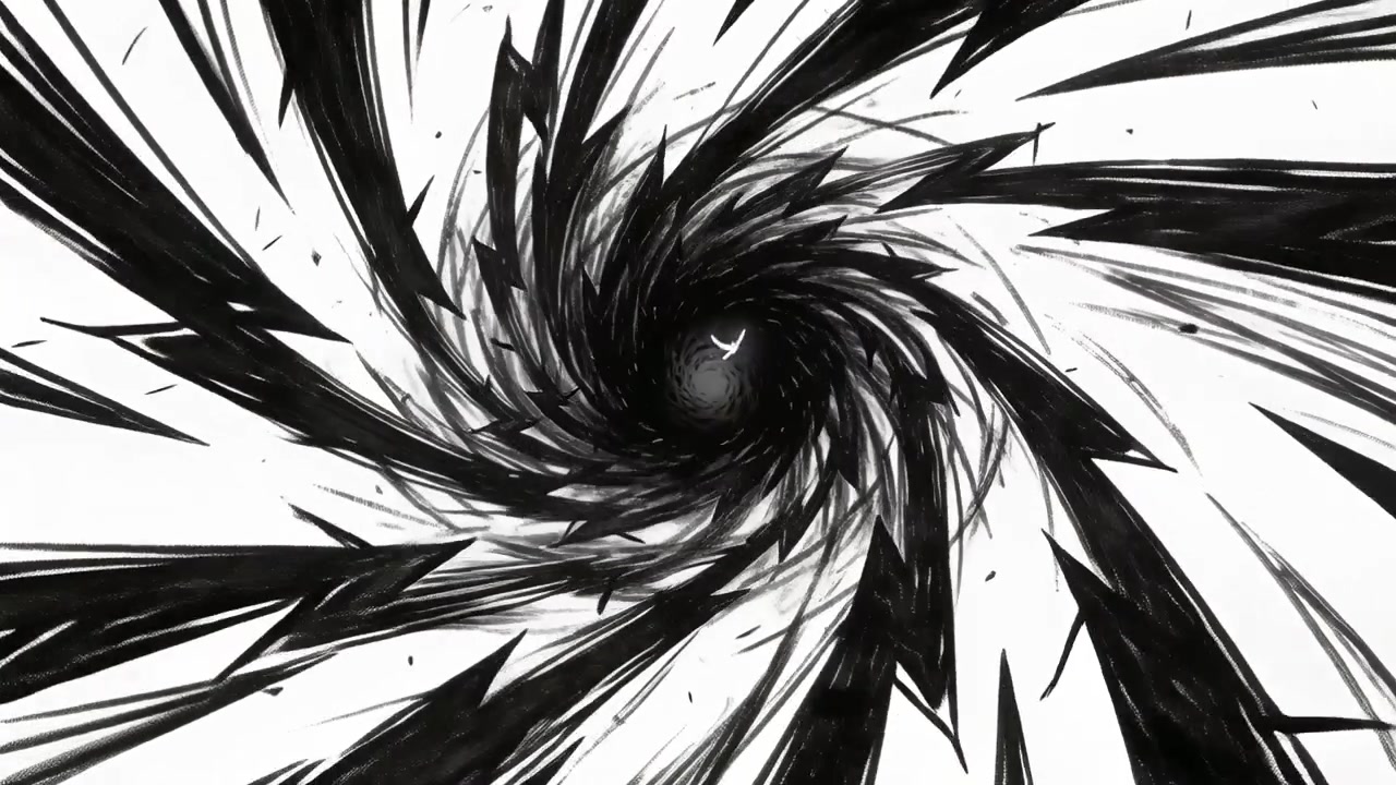 Formación de un vórtice espiral negro que se estrecha en el centro, atrayendo una pequeña forma de pájaro blanco hacia un núcleo brillante