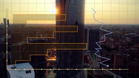 animación del procesamiento de datos estadísticos sobre una vista aérea del paisaje urbano contra el cielo al atardecer